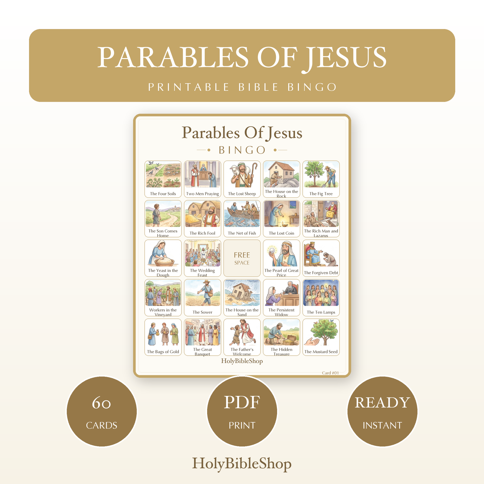 Parables Of Jesus Bingo | Printable Bible Bingo Game for Kids | 60 Cards Sunday School VBS Christian Watercolor PDF