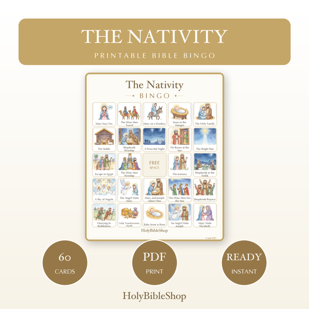 The Nativity Bingo | Printable Bible Bingo Game for Kids | 60 Cards Sunday School VBS Christian Watercolor PDF