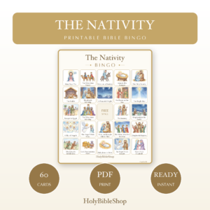 The Nativity Bingo | Printable Bible Bingo Game for Kids | 60 Cards Sunday School VBS Christian Watercolor PDF