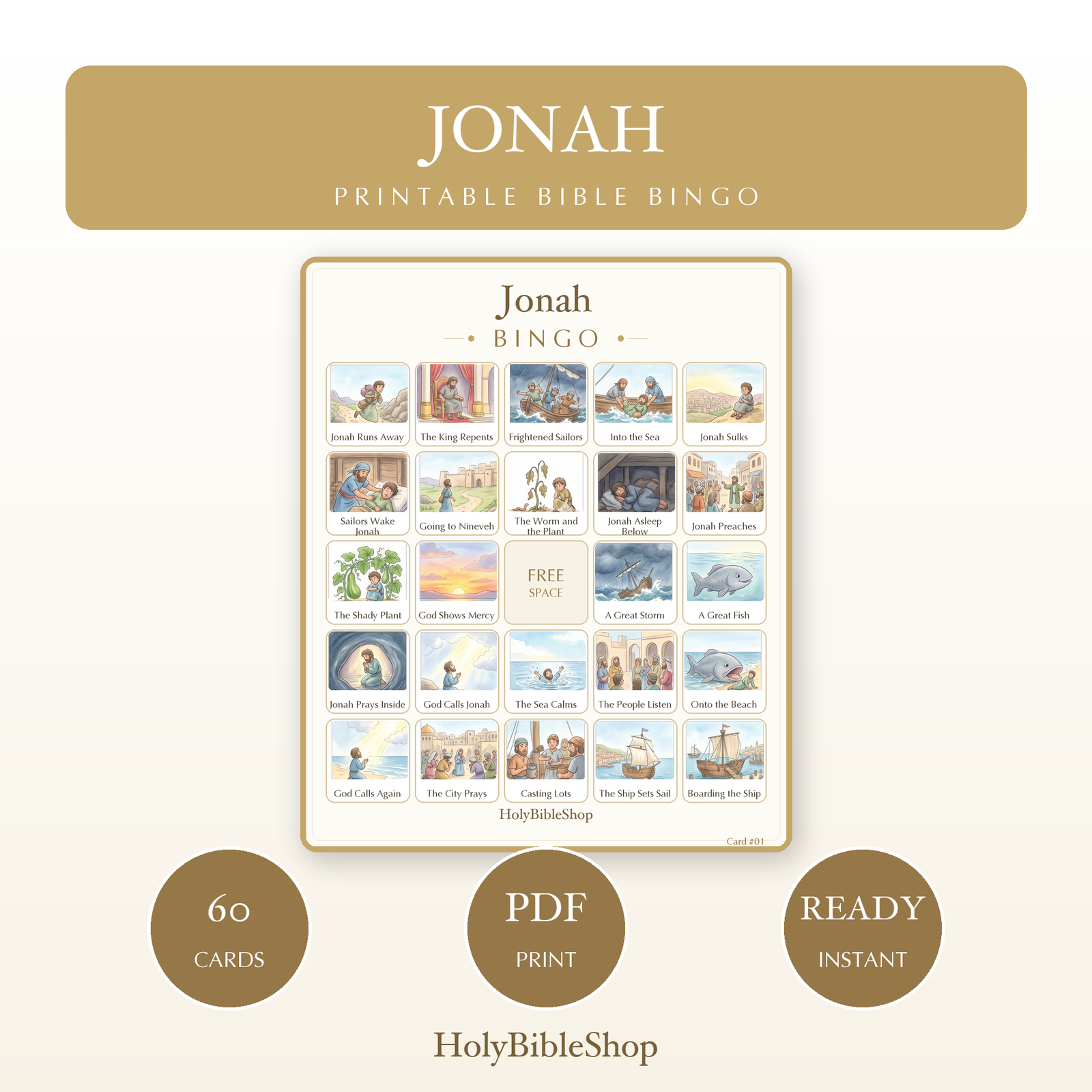 Jonah Bingo | Printable Bible Bingo Game for Kids | 60 Cards Sunday School VBS Christian Watercolor PDF