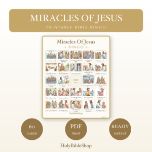 Miracles Of Jesus Bingo | Printable Bible Bingo Game for Kids | 60 Cards Sunday School VBS Christian Watercolor PDF
