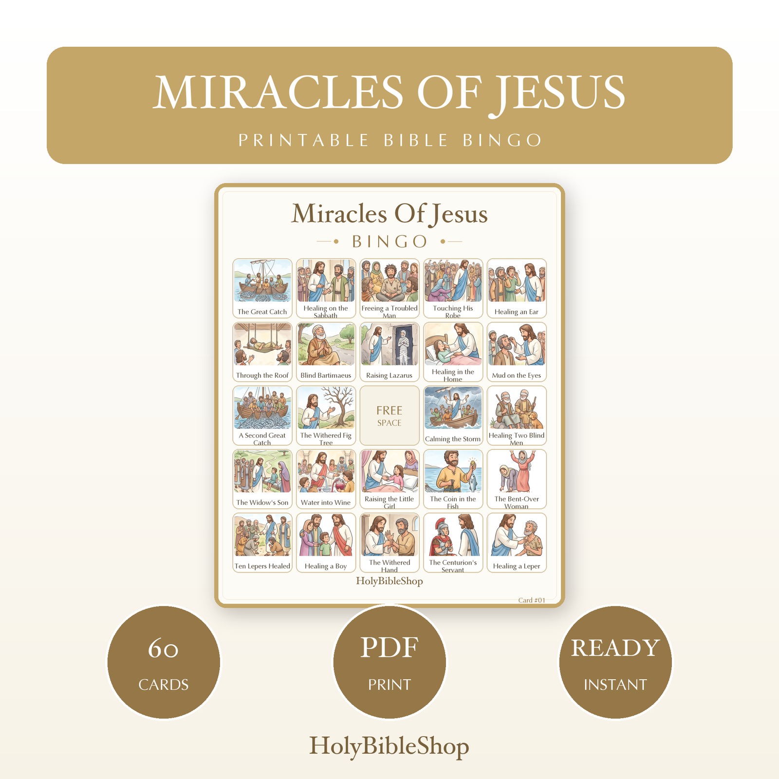 Miracles Of Jesus Bingo | Printable Bible Bingo Game for Kids | 60 Cards Sunday School VBS Christian Watercolor PDF