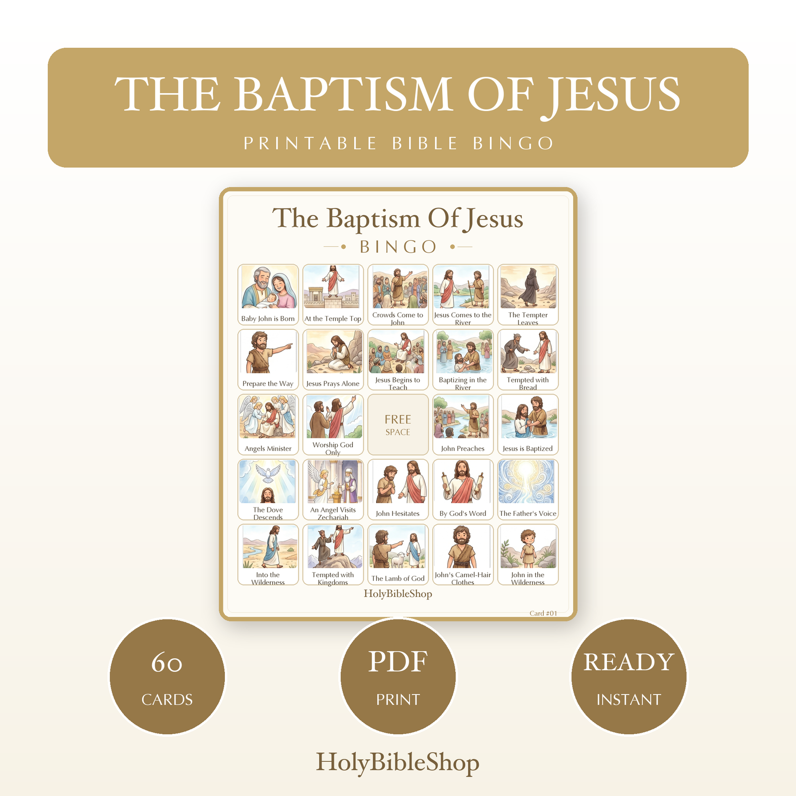 The Baptism Of Jesus Bingo | Printable Bible Bingo Game for Kids | 60 Cards Sunday School VBS Christian Watercolor PDF