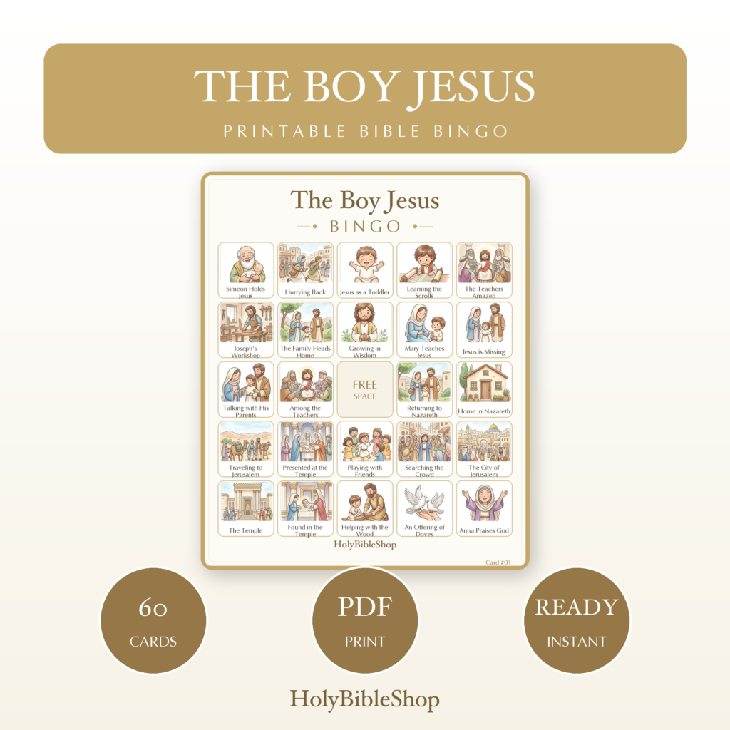 The Boy Jesus Bingo | Printable Bible Bingo Game for Kids | 60 Cards Sunday School VBS Christian Watercolor PDF