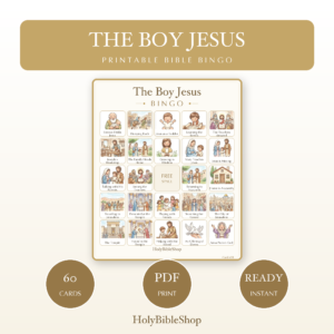 The Boy Jesus Bingo | Printable Bible Bingo Game for Kids | 60 Cards Sunday School VBS Christian Watercolor PDF