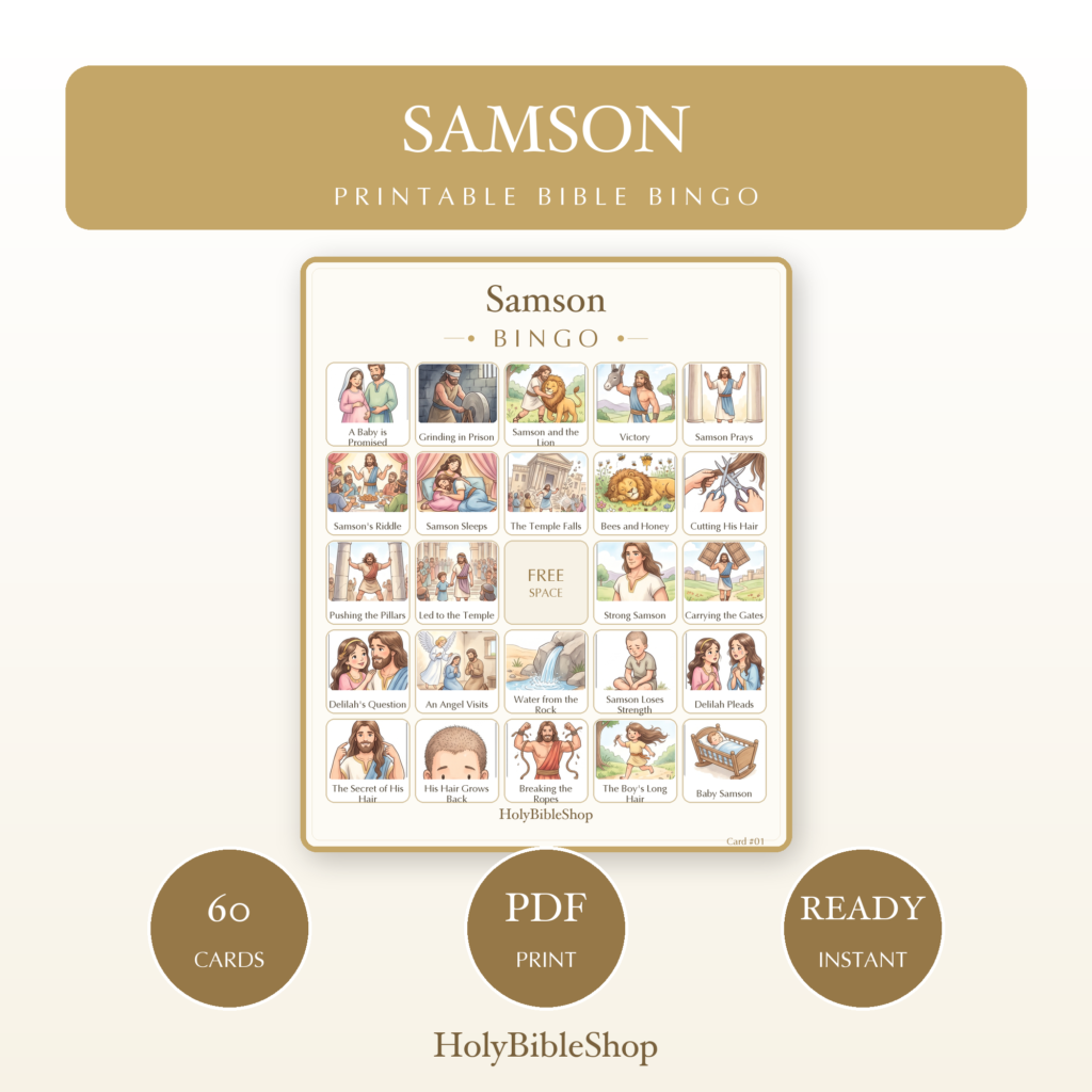 Samson Bingo | Printable Bible Bingo Game for Kids | 60 Cards Sunday School VBS Christian Watercolor PDF