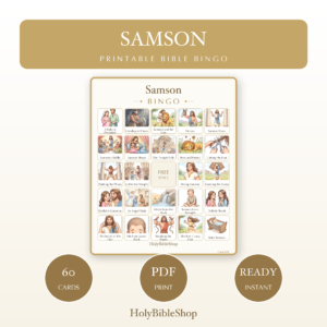 Samson Bingo | Printable Bible Bingo Game for Kids | 60 Cards Sunday School VBS Christian Watercolor PDF