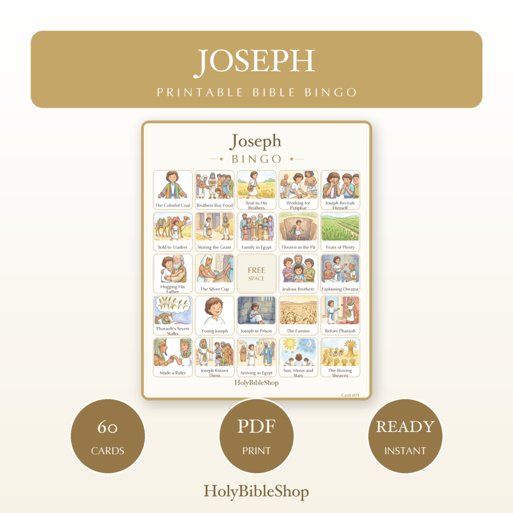 Joseph Bingo | Printable Bible Bingo Game for Kids | 60 Cards Sunday School VBS Christian Watercolor PDF