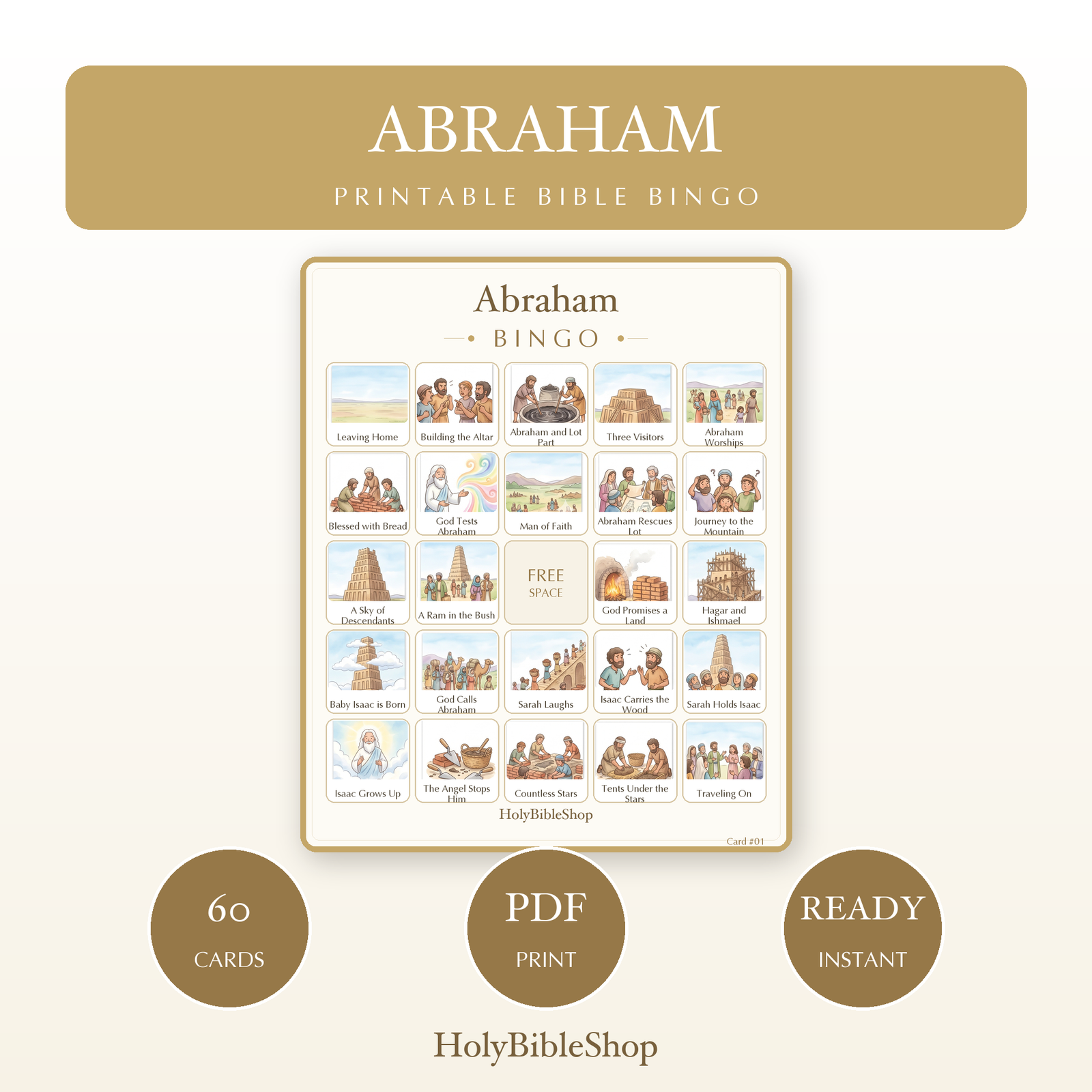 Abraham Bingo | Printable Bible Bingo Game for Kids | 60 Cards Sunday School VBS Christian Watercolor PDF