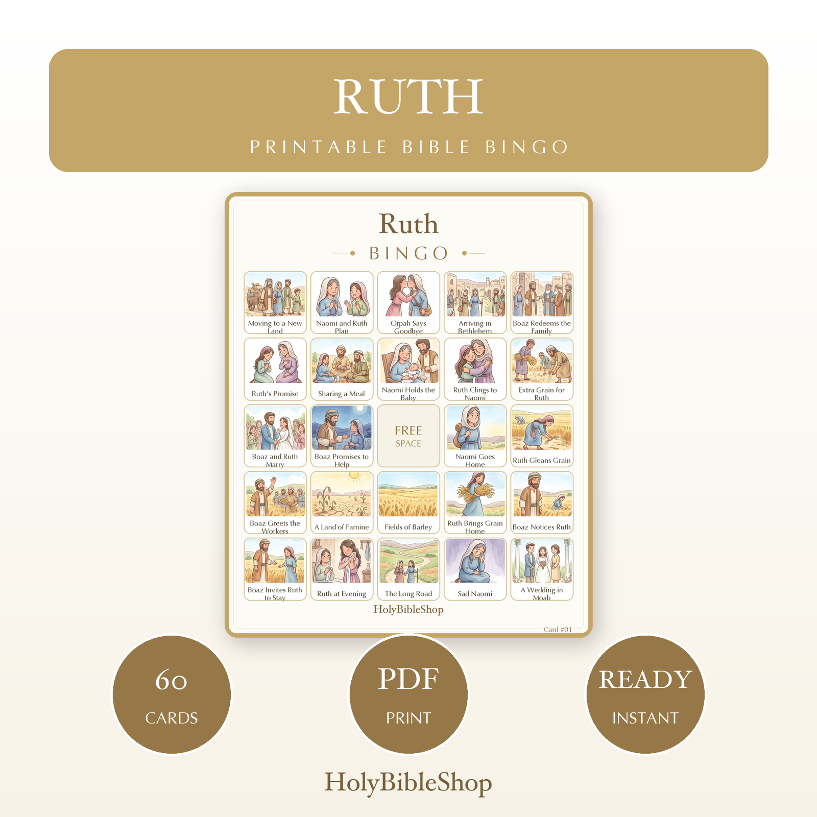 Ruth Bingo | Printable Bible Bingo Game for Kids | 60 Cards Sunday School VBS Christian Watercolor PDF