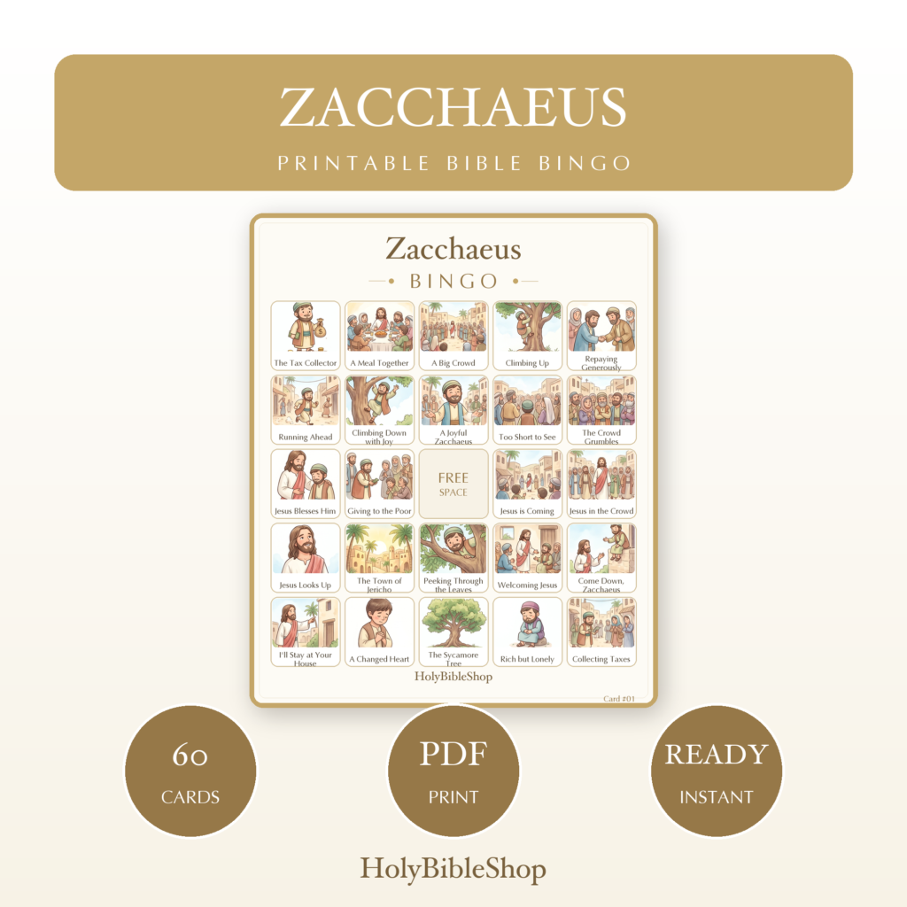 Zacchaeus Bingo | Printable Bible Bingo Game for Kids | 60 Cards Sunday School VBS Christian Watercolor PDF