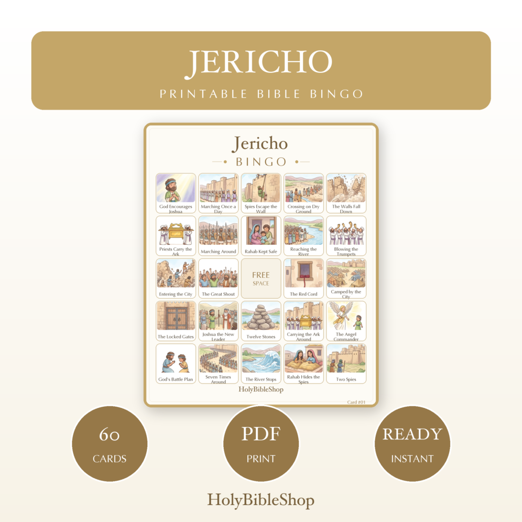 Jericho Bingo | Printable Bible Bingo Game for Kids | 60 Cards Sunday School VBS Christian Watercolor PDF
