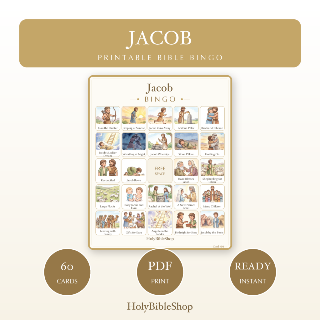 Jacob Bingo | Printable Bible Bingo Game for Kids | 60 Cards Sunday School VBS Christian Watercolor PDF