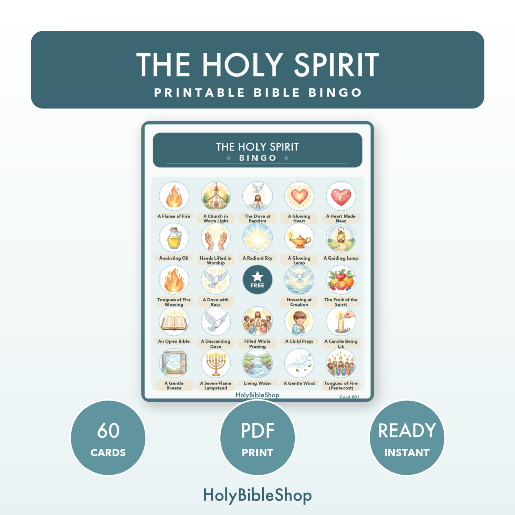 The Holy Spirit Bingo | Printable Bible Bingo Game for Kids | 60 Cards Sunday School VBS Christian Watercolor PDF