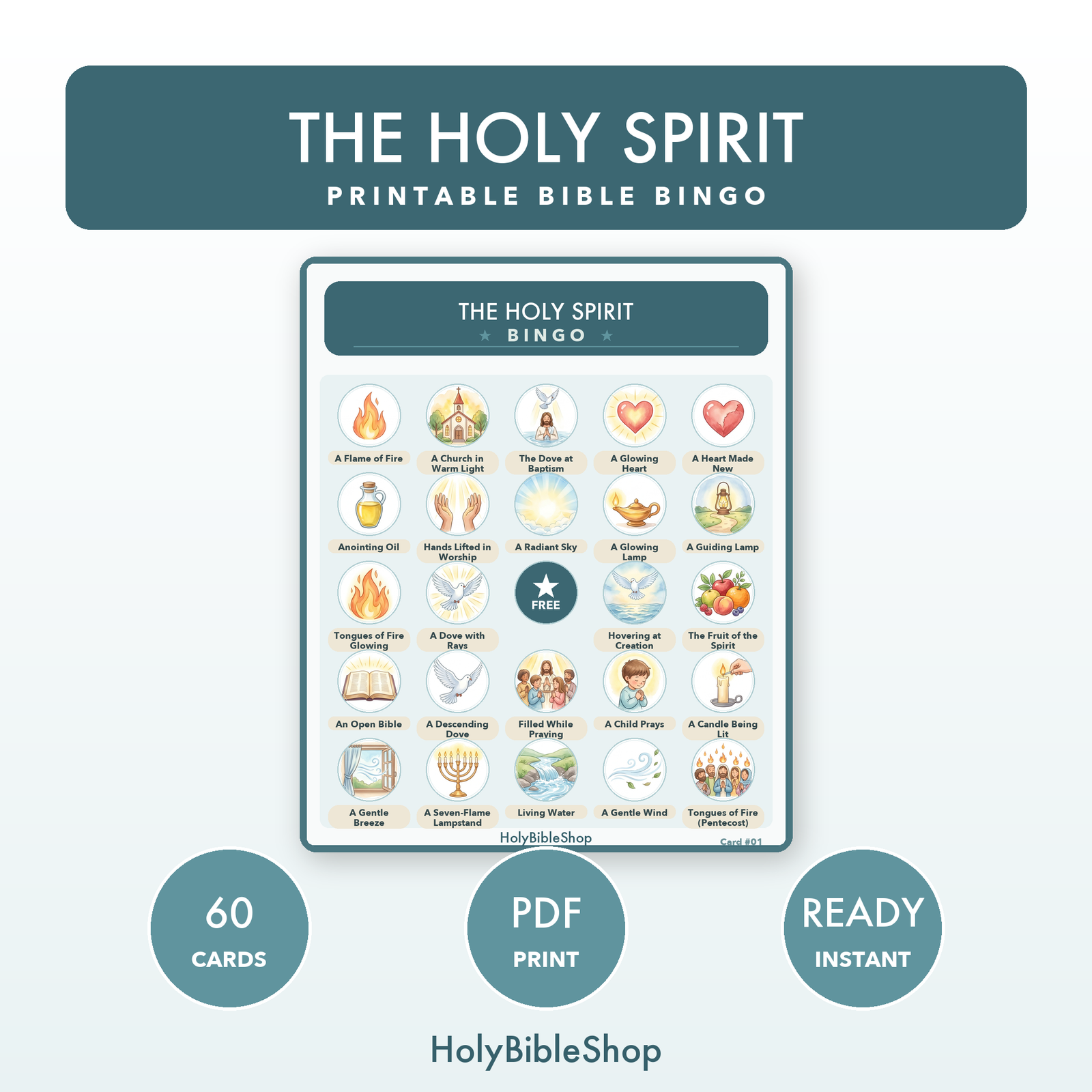 The Holy Spirit Bingo | Printable Bible Bingo Game for Kids | 60 Cards Sunday School VBS Christian Watercolor PDF