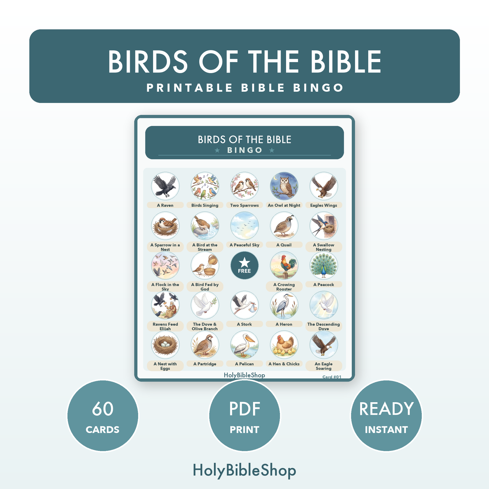 Birds Of The Bible Bingo | Printable Bible Bingo Game for Kids | 60 Cards Sunday School VBS Christian Watercolor PDF