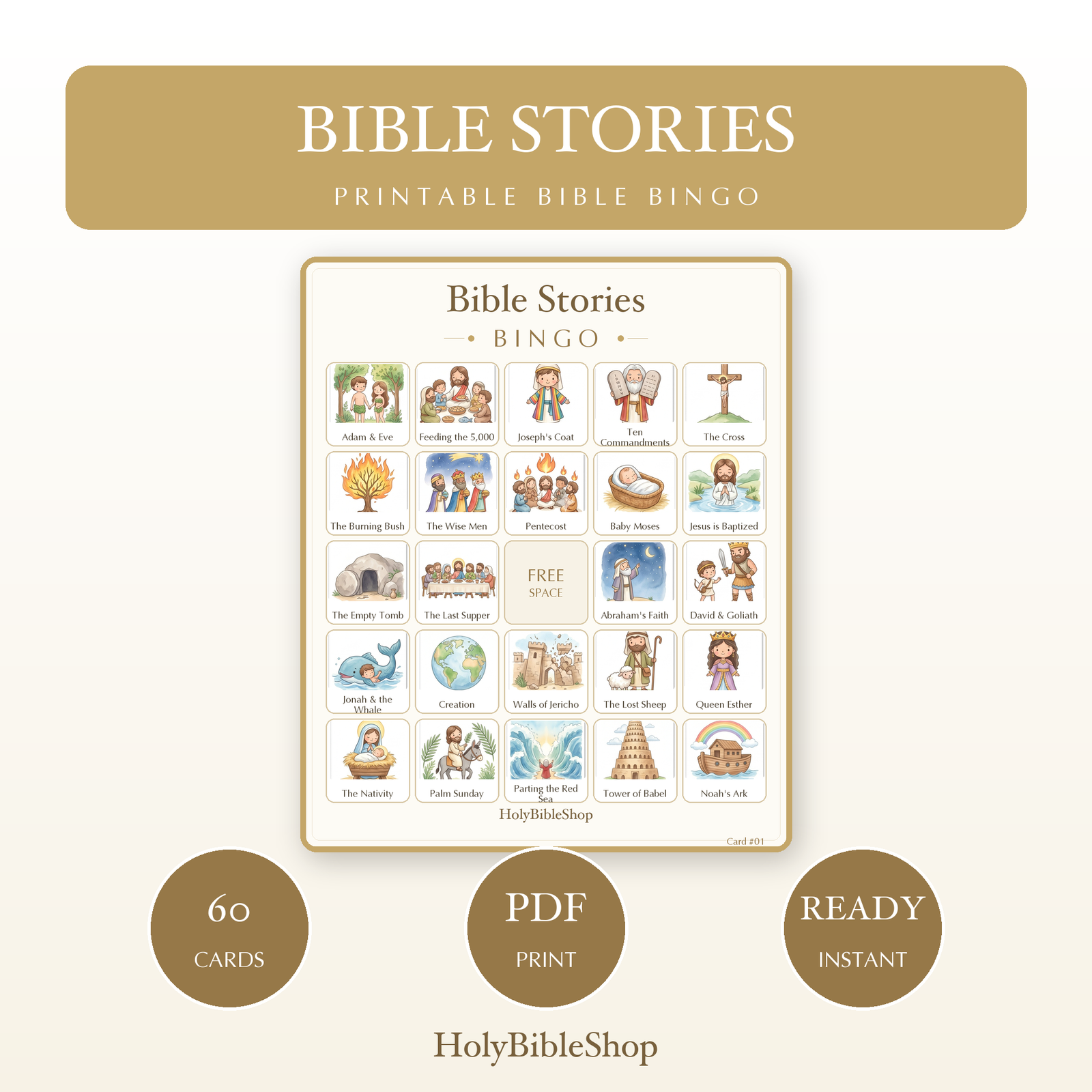 Bible Stories Bingo | Printable Bible Bingo Game for Kids | 60 Cards Sunday School VBS Christian Watercolor PDF