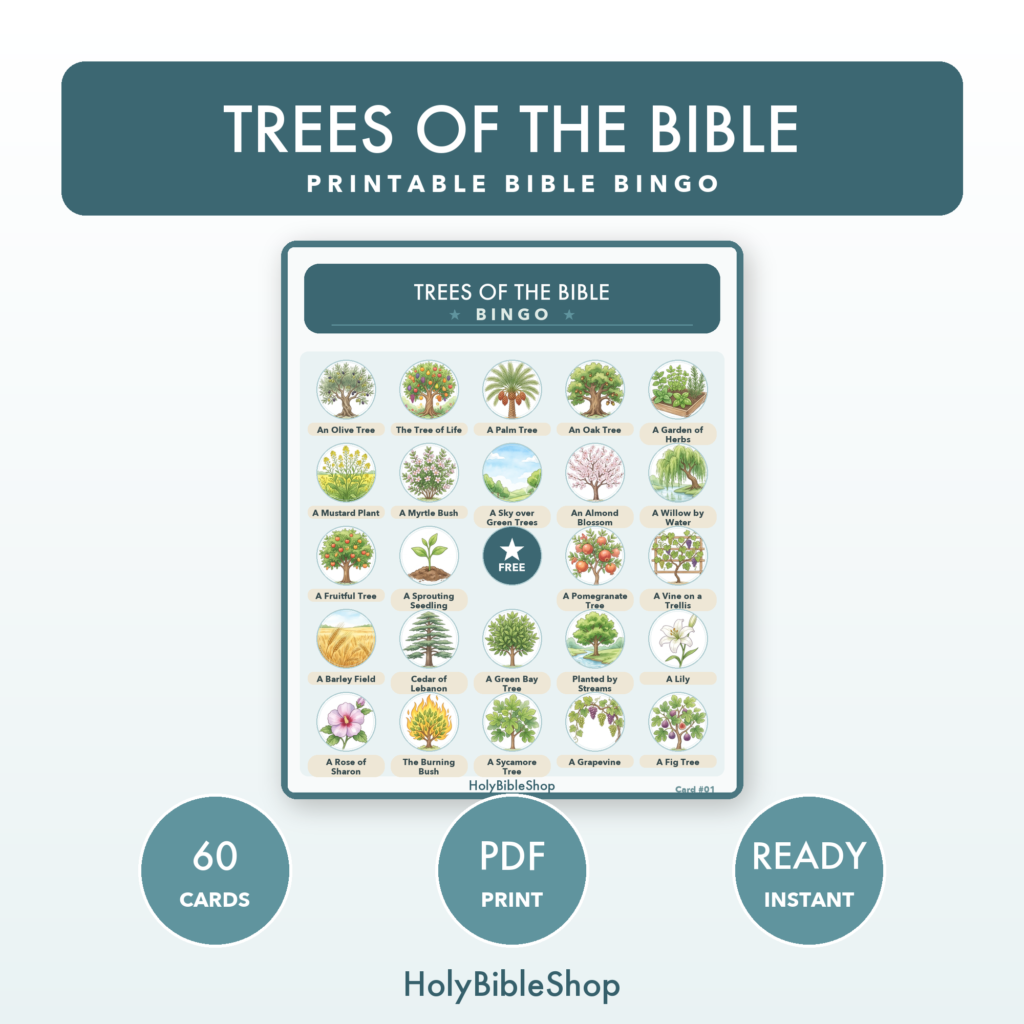 Trees Of The Bible Bingo | Printable Bible Bingo Game for Kids | 60 Cards Sunday School VBS Christian Watercolor PDF