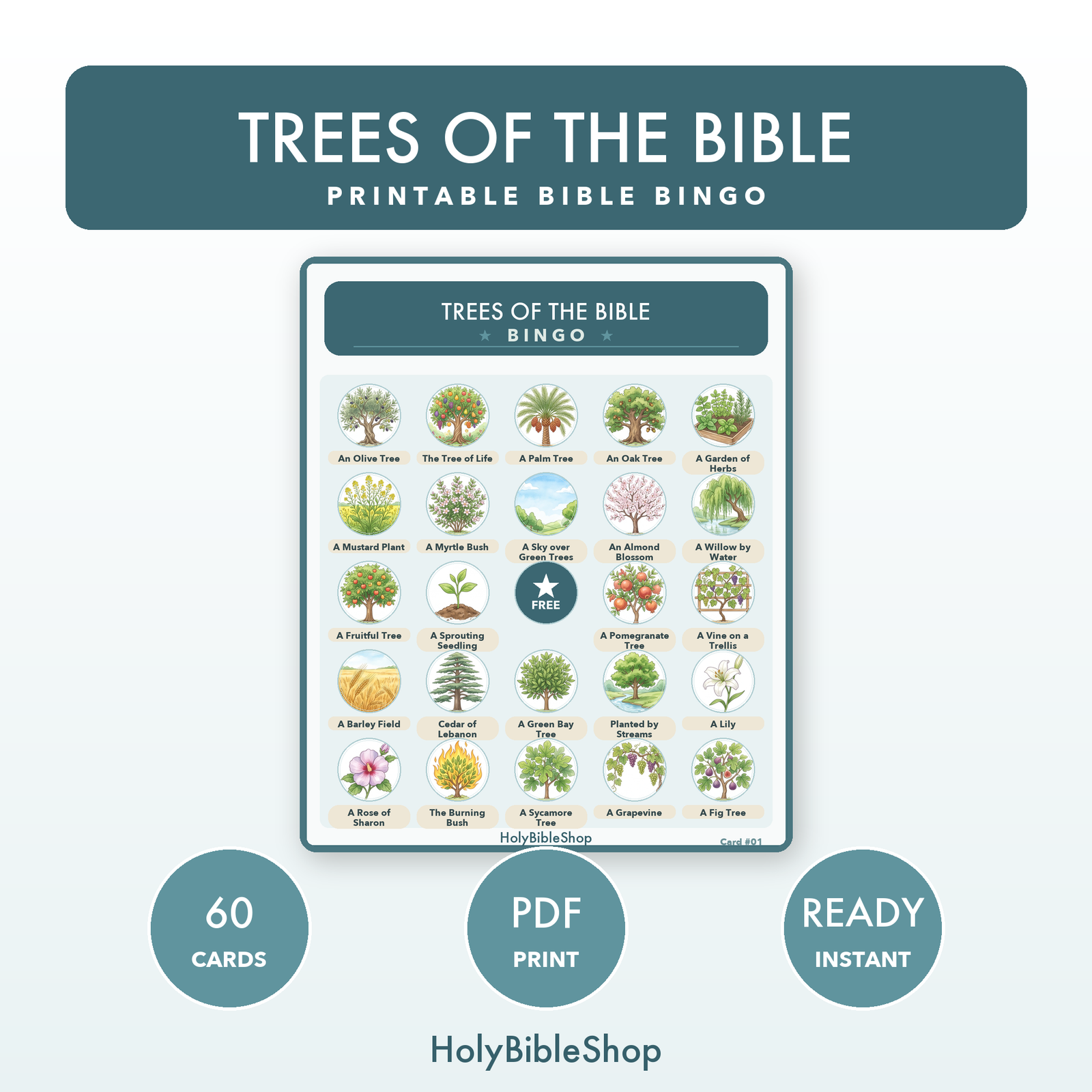 Trees Of The Bible Bingo | Printable Bible Bingo Game for Kids | 60 Cards Sunday School VBS Christian Watercolor PDF