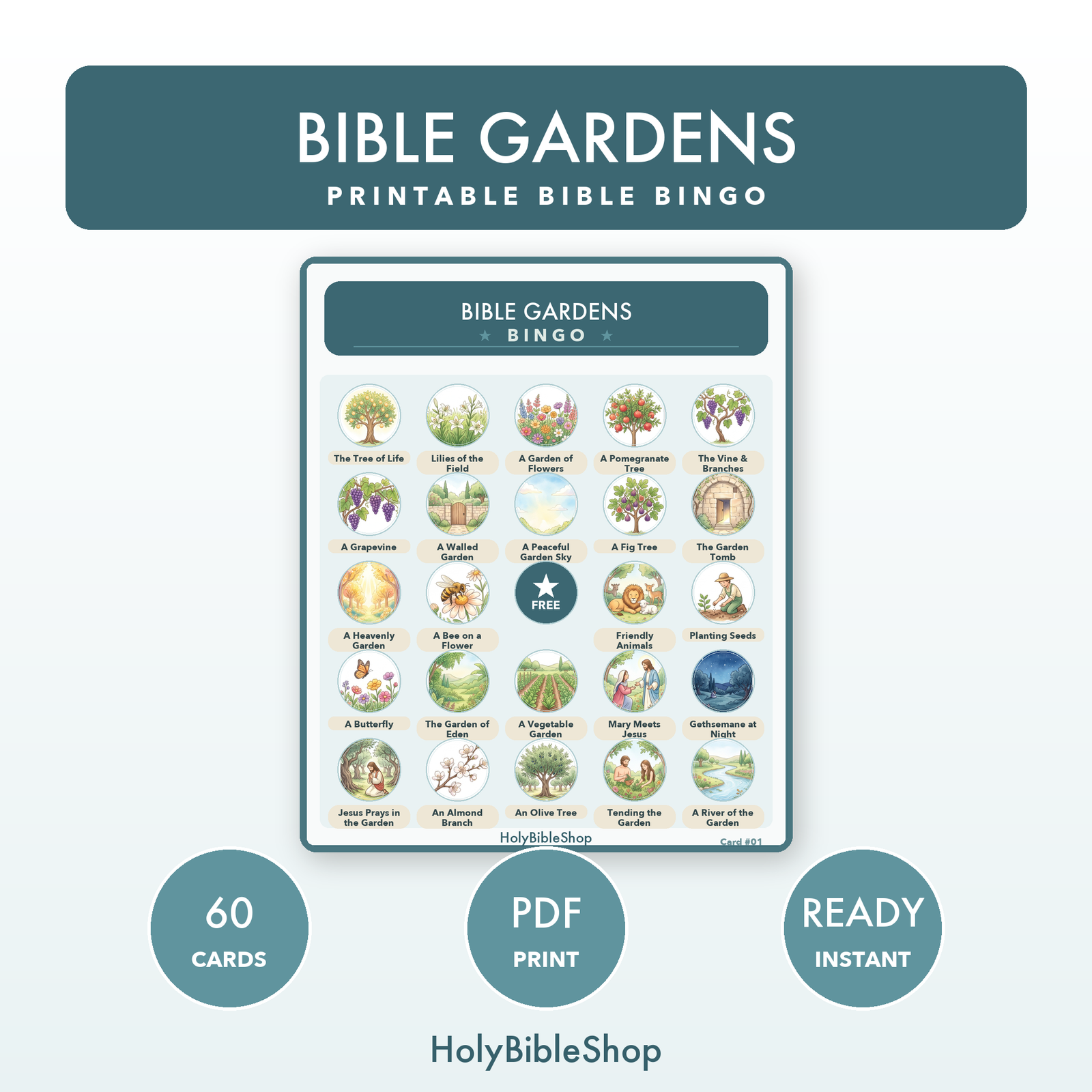 Bible Gardens Bingo | Printable Bible Bingo Game for Kids | 60 Cards Sunday School VBS Christian Watercolor PDF