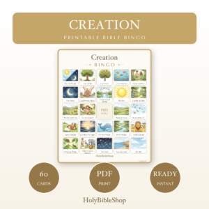 Creation Bingo | Printable Bible Bingo Game for Kids | 60 Cards Sunday School VBS Christian Watercolor PDF