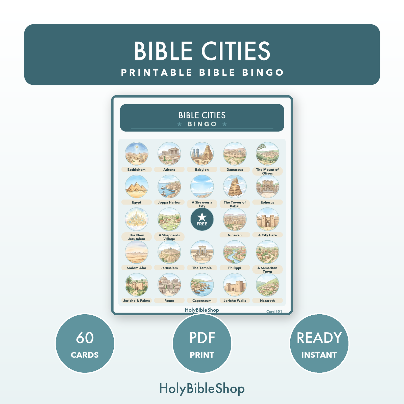 Bible Cities Bingo | Printable Bible Bingo Game for Kids | 60 Cards Sunday School VBS Christian Watercolor PDF