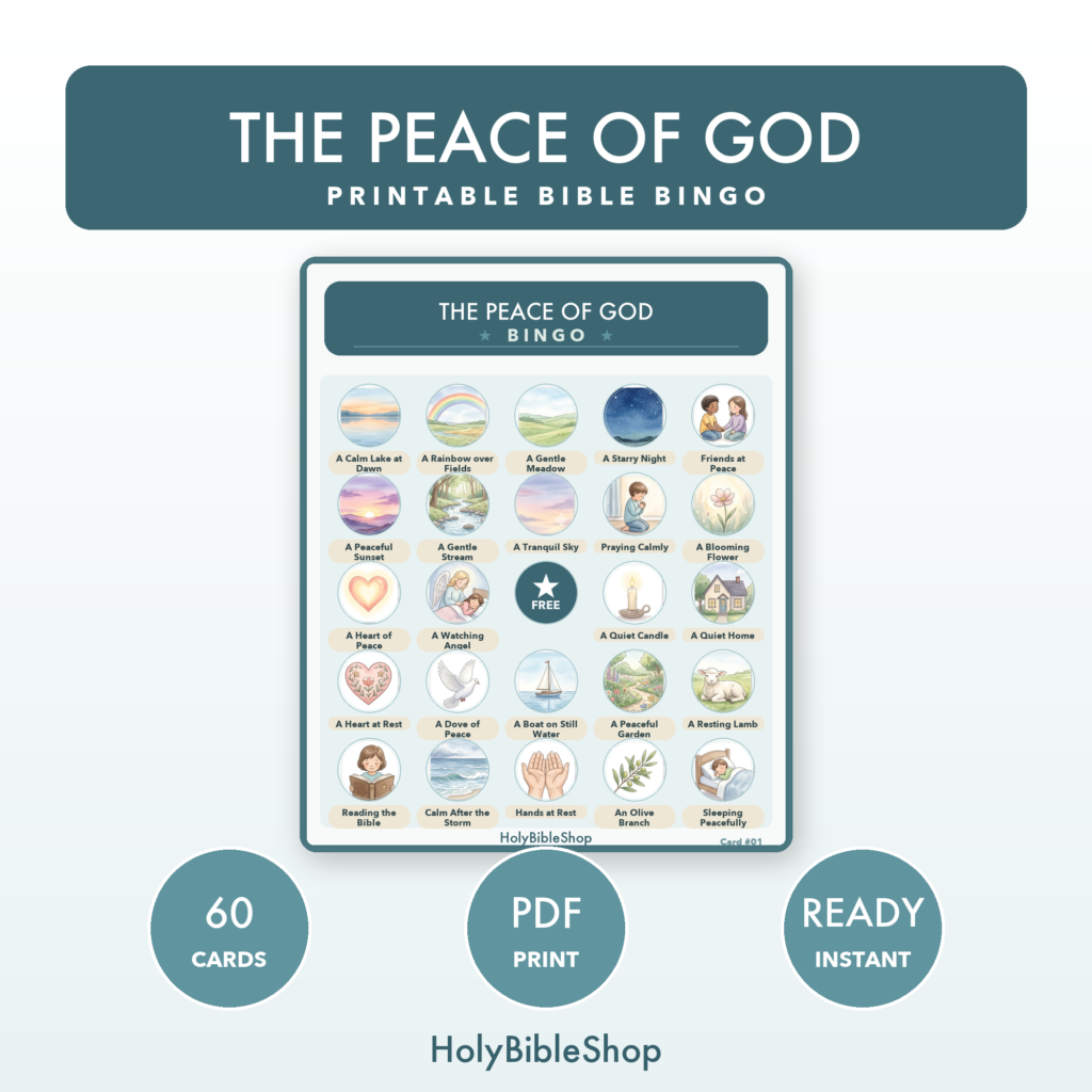 The Peace Of God Bingo | Printable Bible Bingo Game for Kids | 60 Cards Sunday School VBS Christian Watercolor PDF
