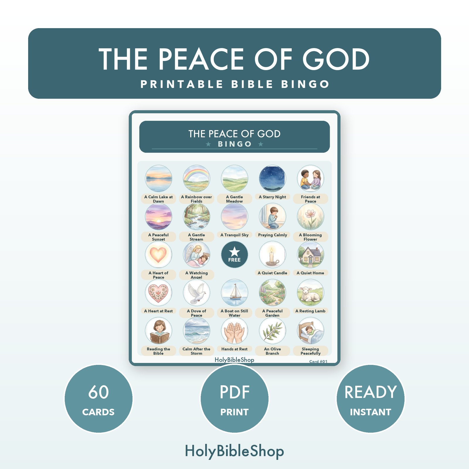 The Peace Of God Bingo | Printable Bible Bingo Game for Kids | 60 Cards Sunday School VBS Christian Watercolor PDF