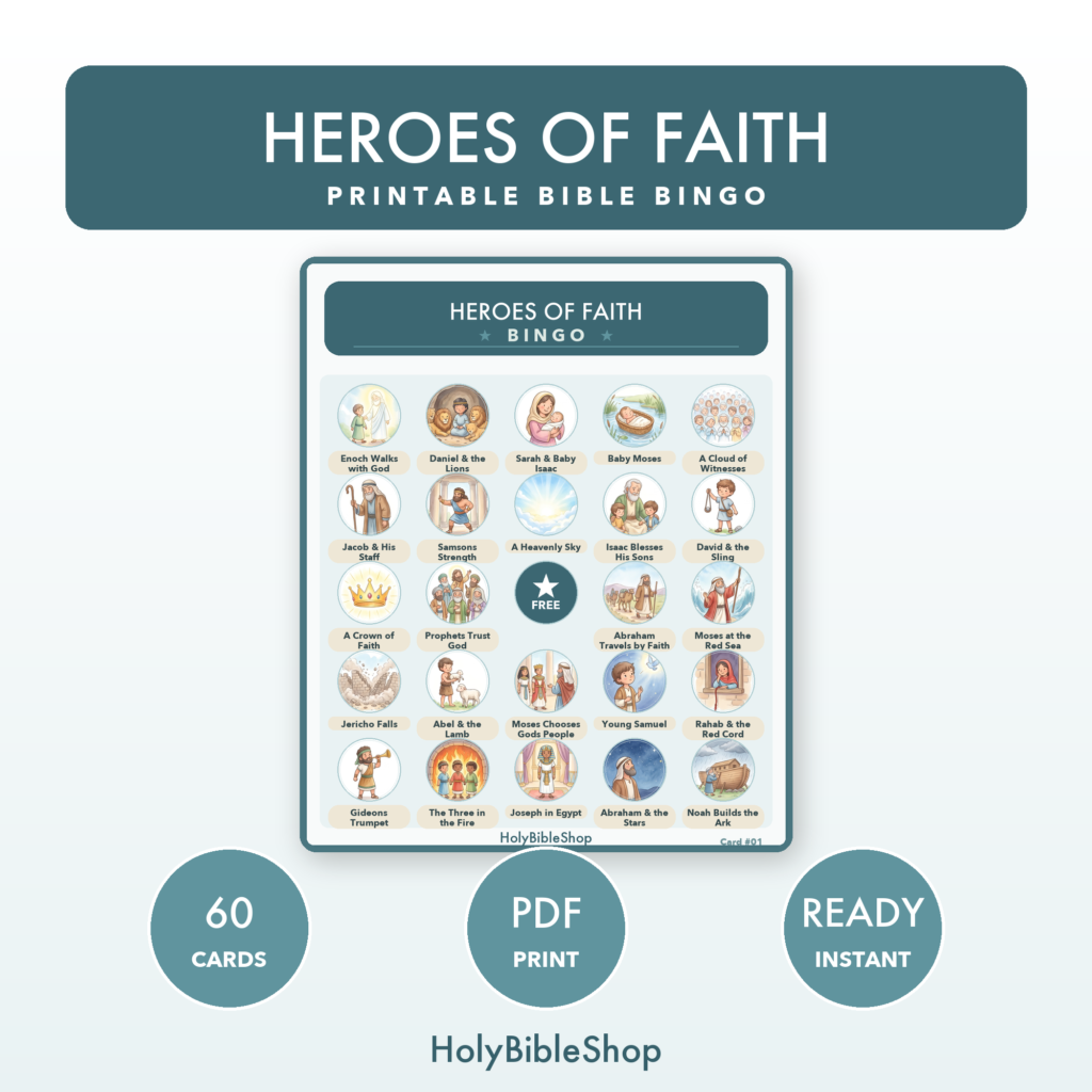 Heroes Of Faith Bingo | Printable Bible Bingo Game for Kids | 60 Cards Sunday School VBS Christian Watercolor PDF