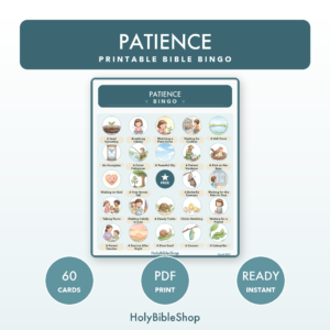 Patience Bingo | Printable Bible Bingo Game for Kids | 60 Cards Sunday School VBS Christian Watercolor PDF