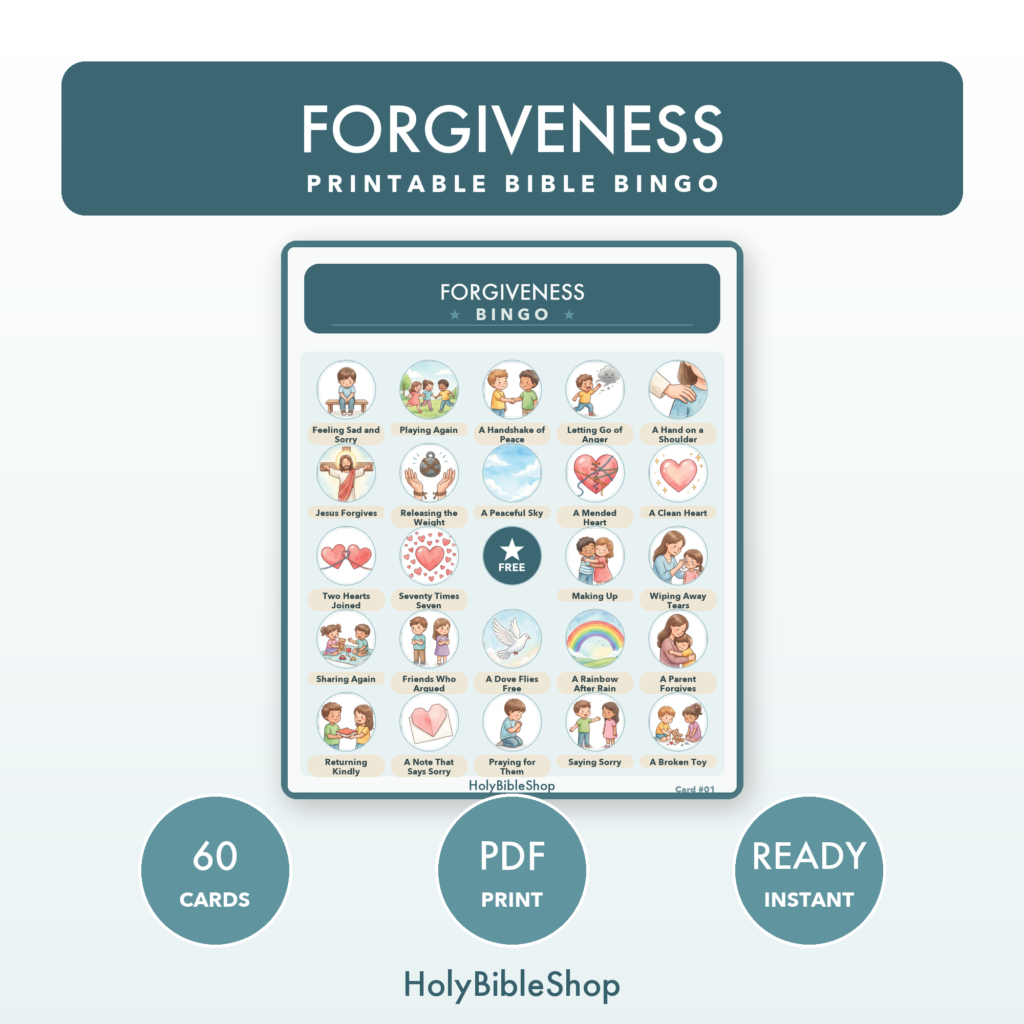 Forgiveness Bingo | Printable Bible Bingo Game for Kids | 60 Cards Sunday School VBS Christian Watercolor PDF
