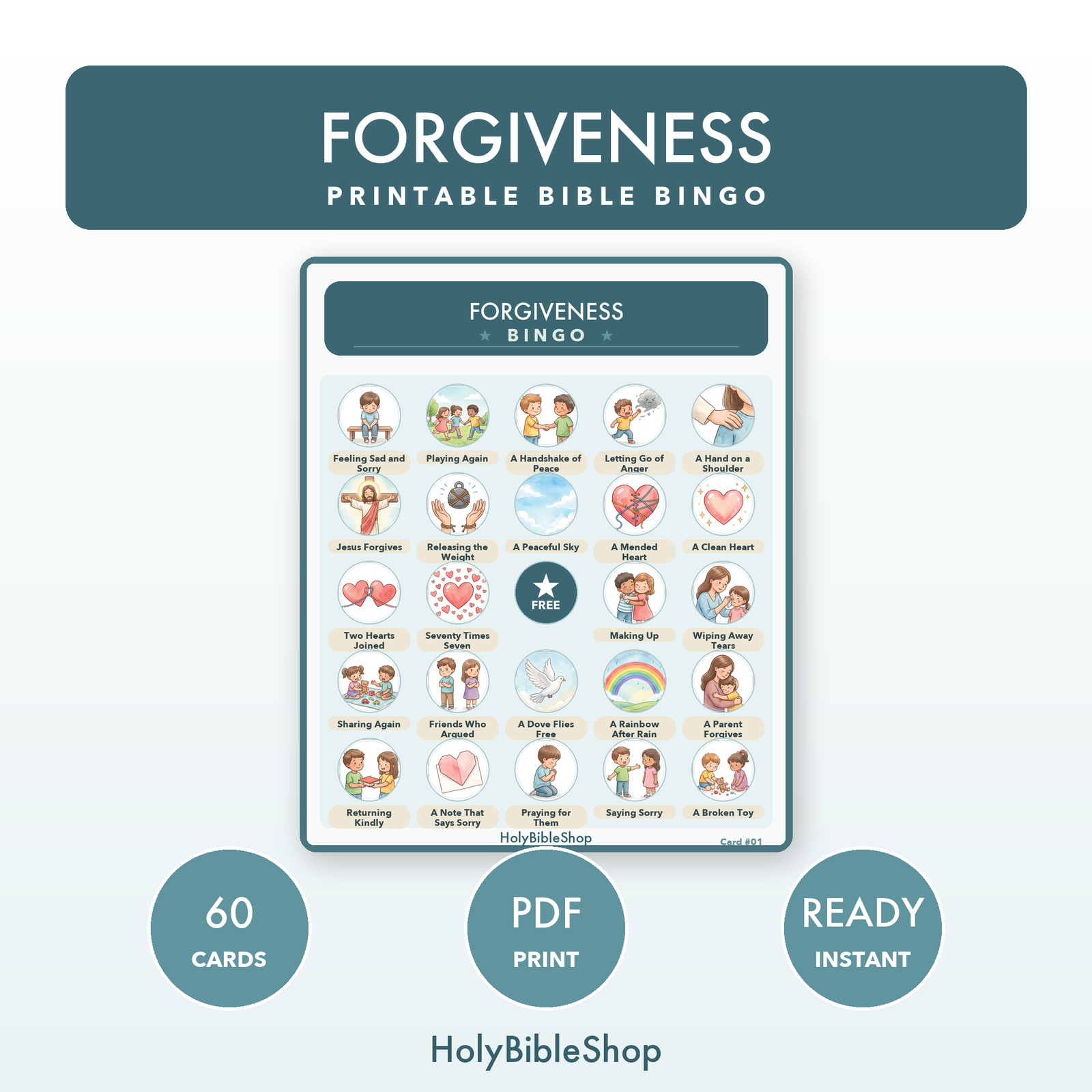 Forgiveness Bingo | Printable Bible Bingo Game for Kids | 60 Cards Sunday School VBS Christian Watercolor PDF