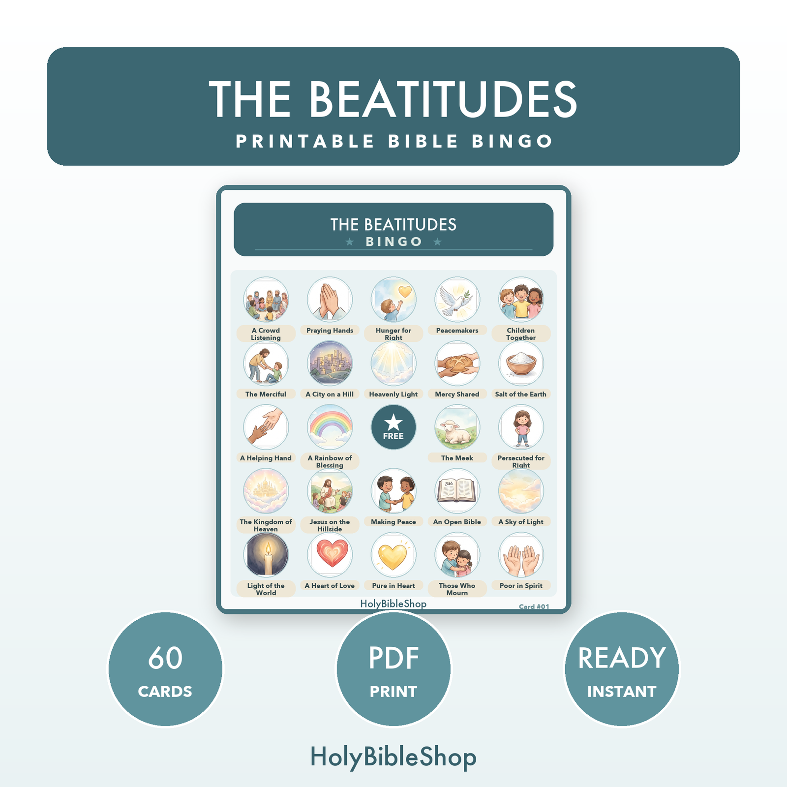 The Beatitudes Bingo | Printable Bible Bingo Game for Kids | 60 Cards Sunday School VBS Christian Watercolor PDF