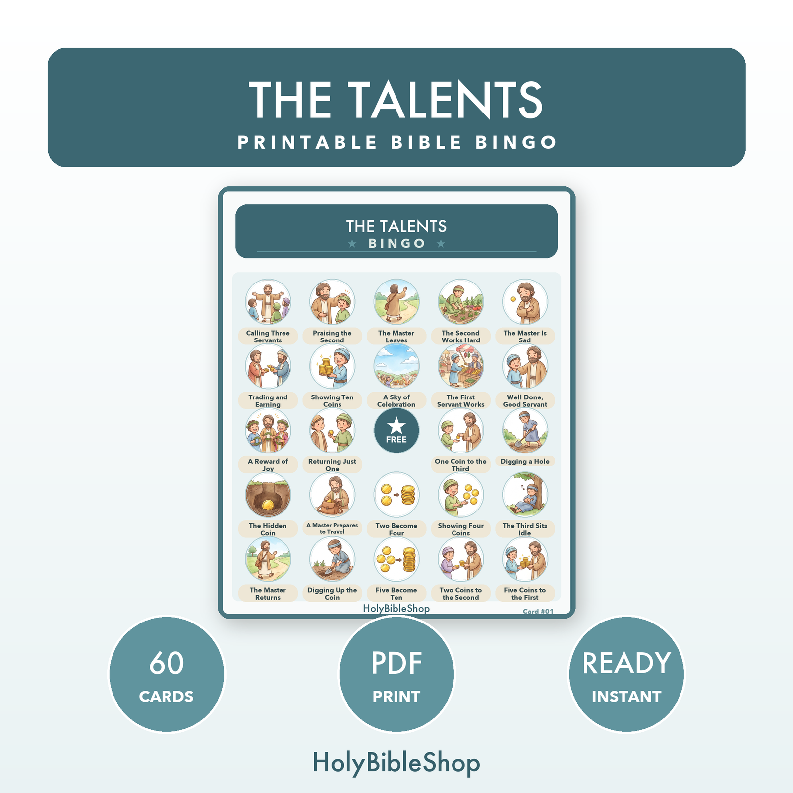 The Talents Bingo | Printable Bible Bingo Game for Kids | 60 Cards Sunday School VBS Christian Watercolor PDF