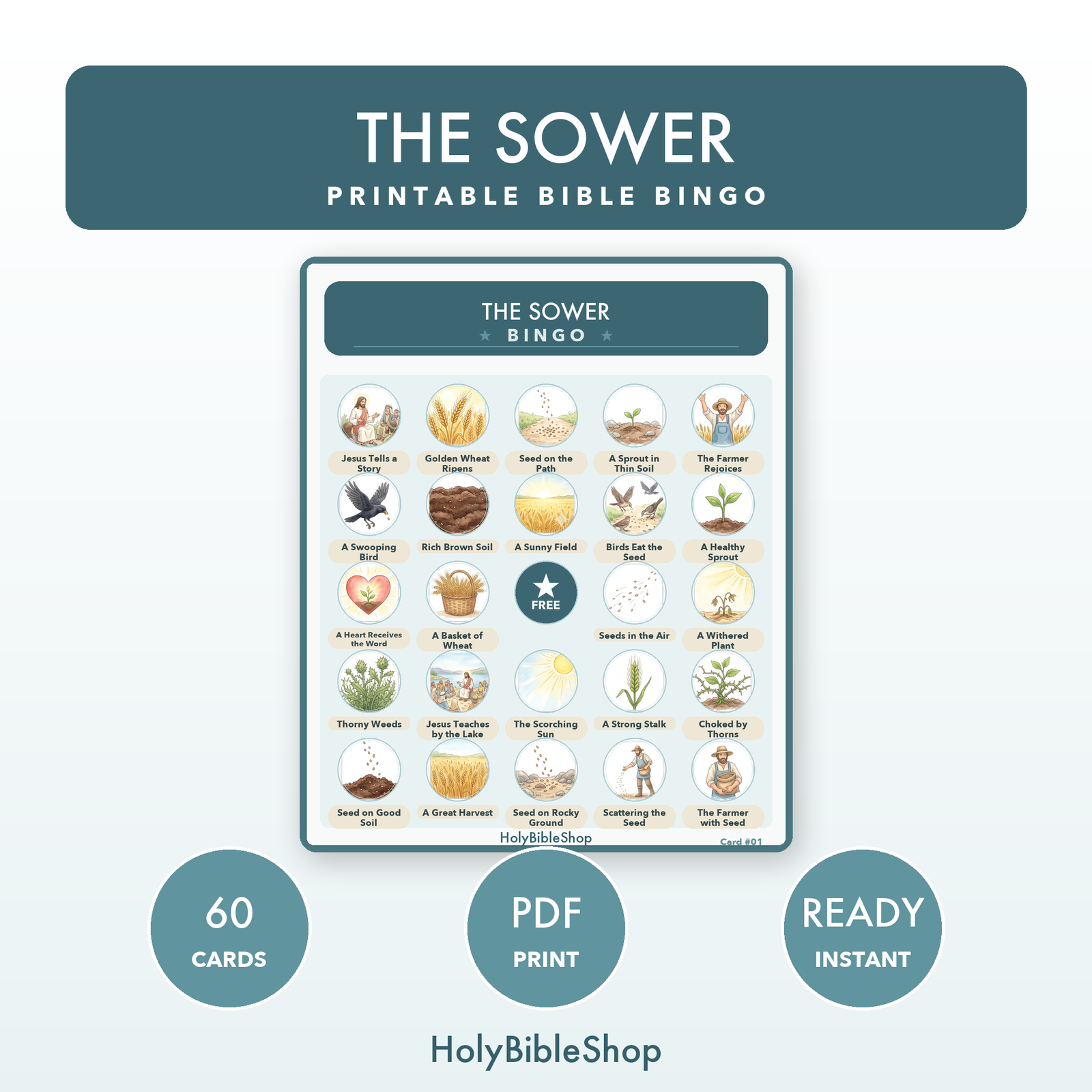 The Sower Bingo | Printable Bible Bingo Game for Kids | 60 Cards Sunday School VBS Christian Watercolor PDF