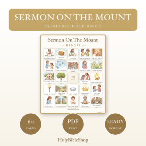 Sermon On The Mount Bingo | Printable Bible Bingo Game for Kids | 60 Cards Sunday School VBS Christian Watercolor PDF