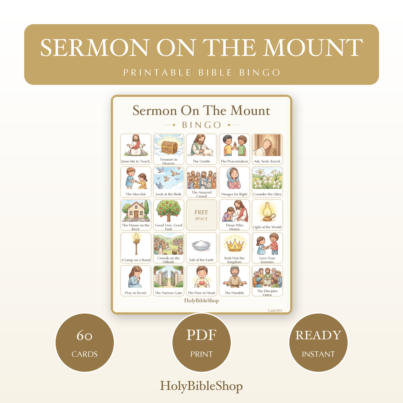 Sermon On The Mount Bingo | Printable Bible Bingo Game for Kids | 60 Cards Sunday School VBS Christian Watercolor PDF
