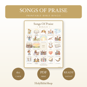 Songs Of Praise Bingo | Printable Bible Bingo Game for Kids | 60 Cards Sunday School VBS Christian Watercolor PDF