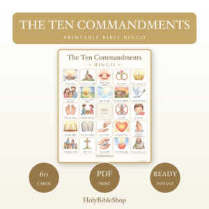 The Ten Commandments Bingo | Printable Bible Bingo Game for Kids | 60 Cards Sunday School VBS Christian Watercolor PDF