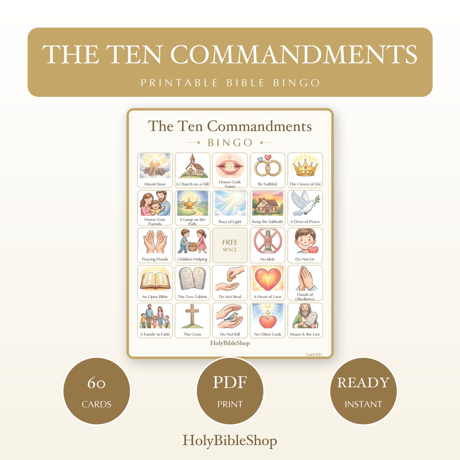 The Ten Commandments Bingo | Printable Bible Bingo Game for Kids | 60 Cards Sunday School VBS Christian Watercolor PDF