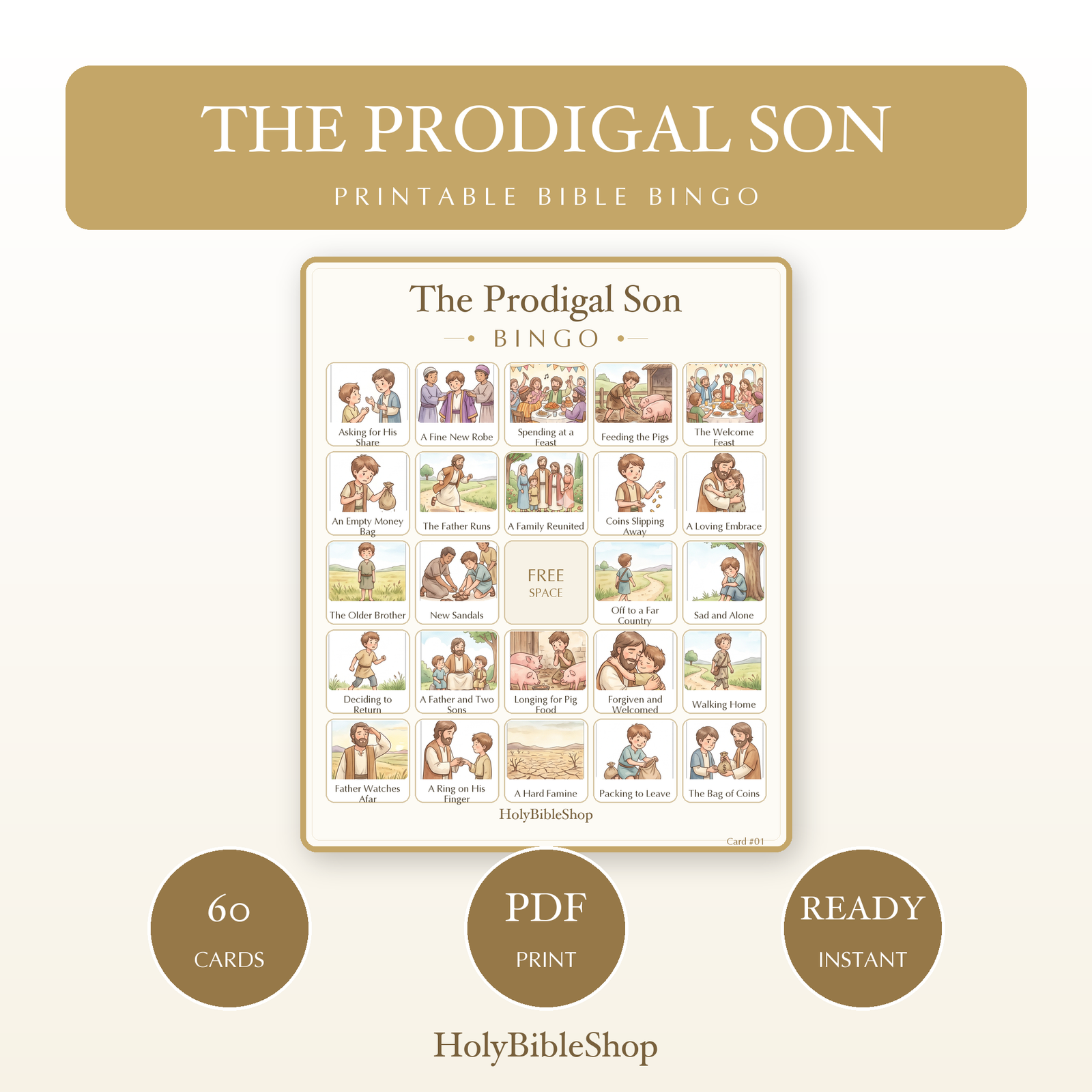 The Prodigal Son Bingo | Printable Bible Bingo Game for Kids | 60 Cards Sunday School VBS Christian Watercolor PDF