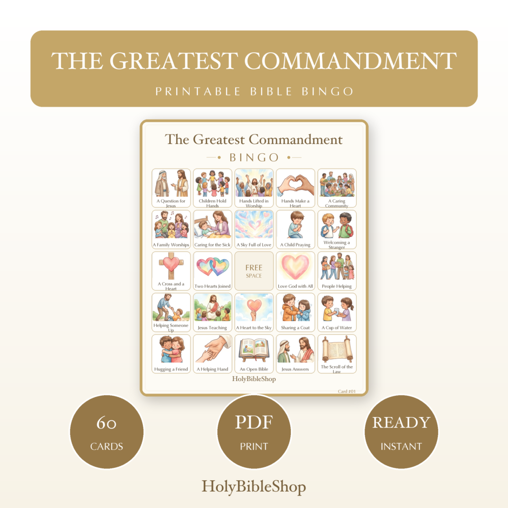 The Greatest Commandment Bingo | Printable Bible Bingo Game for Kids | 60 Cards Sunday School VBS Christian Watercolor PDF