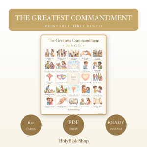 The Greatest Commandment Bingo | Printable Bible Bingo Game for Kids | 60 Cards Sunday School VBS Christian Watercolor PDF