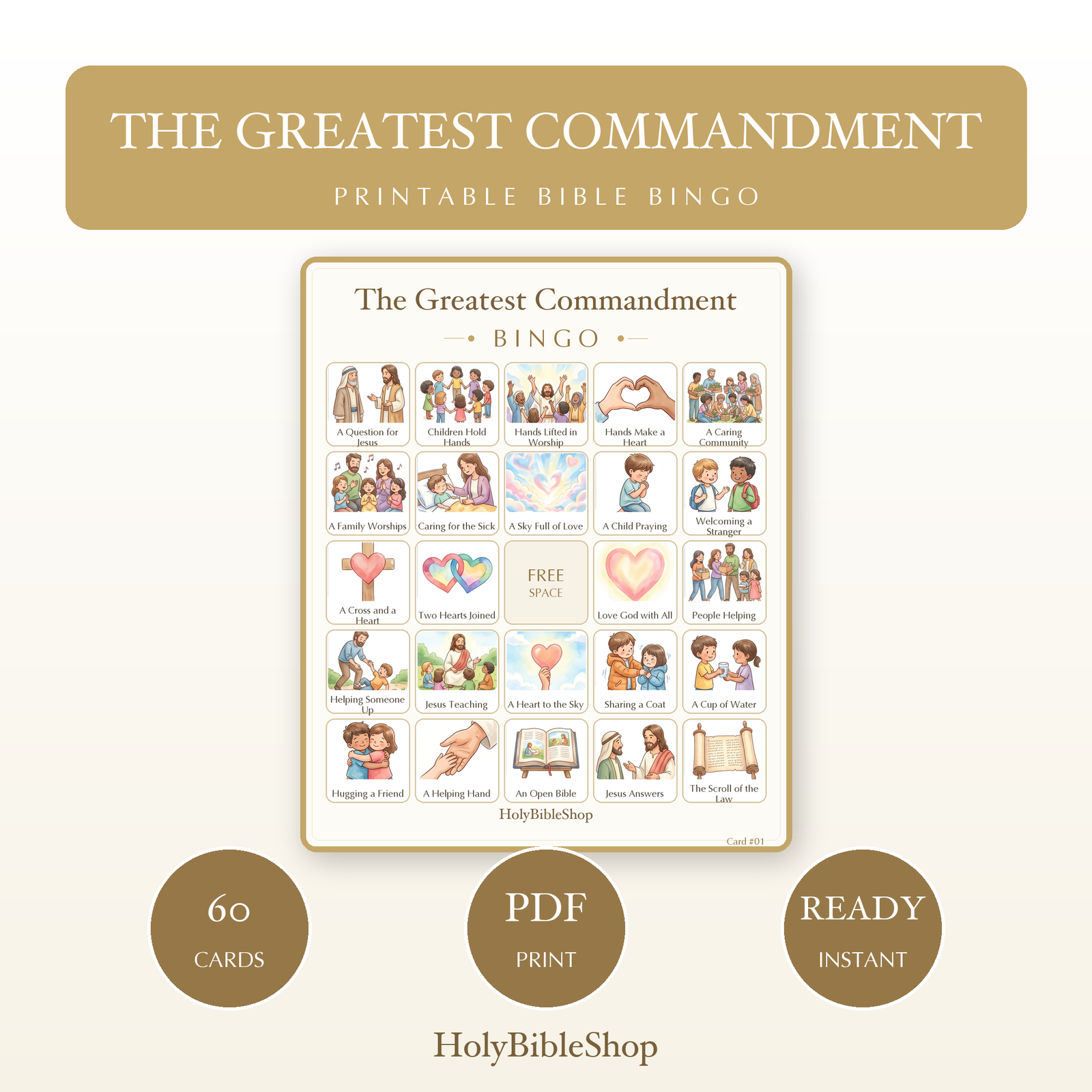 The Greatest Commandment Bingo | Printable Bible Bingo Game for Kids | 60 Cards Sunday School VBS Christian Watercolor PDF