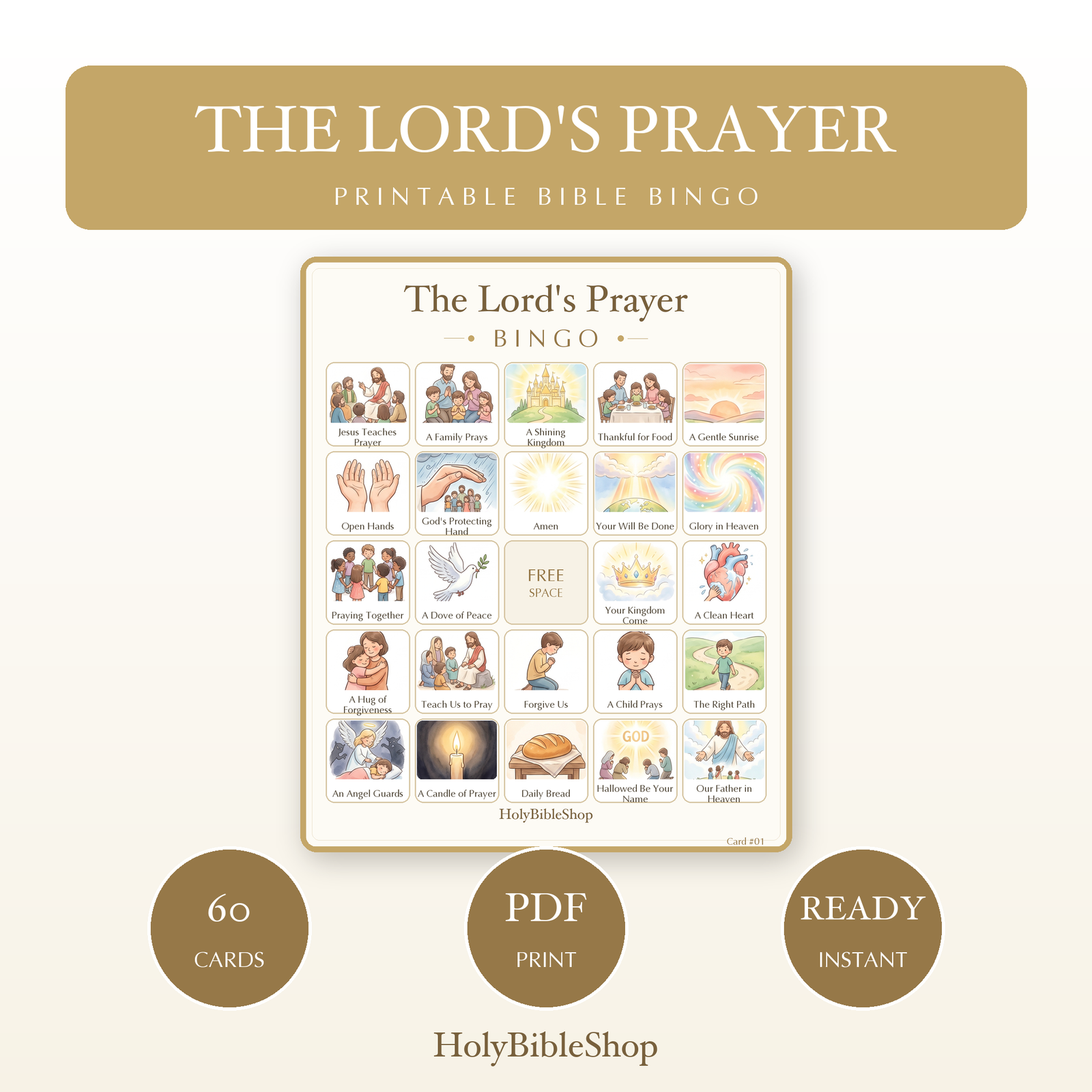 The Lord's Prayer Bingo | Printable Bible Bingo Game for Kids | 60 Cards Sunday School VBS Christian Watercolor PDF