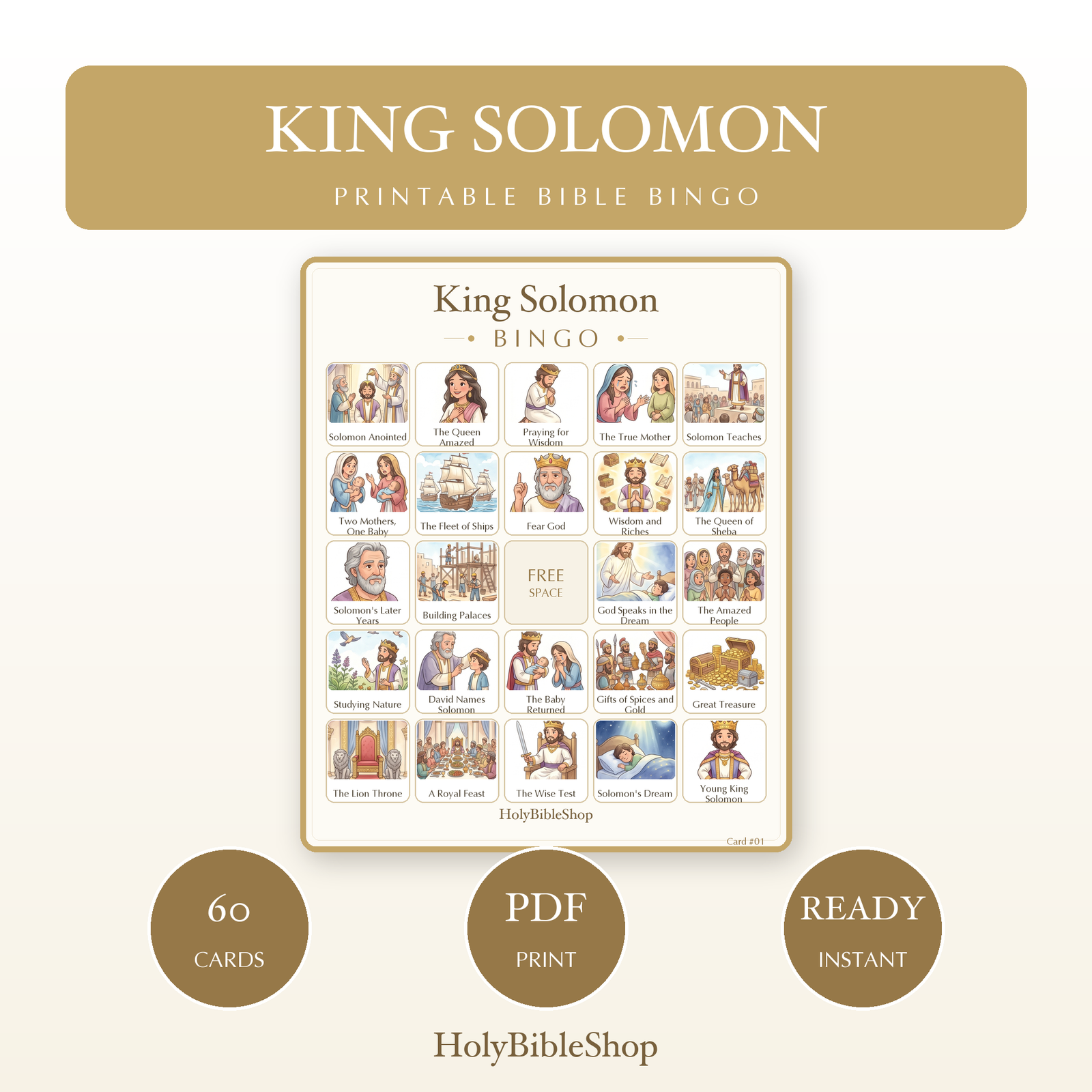 King Solomon Bingo | Printable Bible Bingo Game for Kids | 60 Cards Sunday School VBS Christian Watercolor PDF