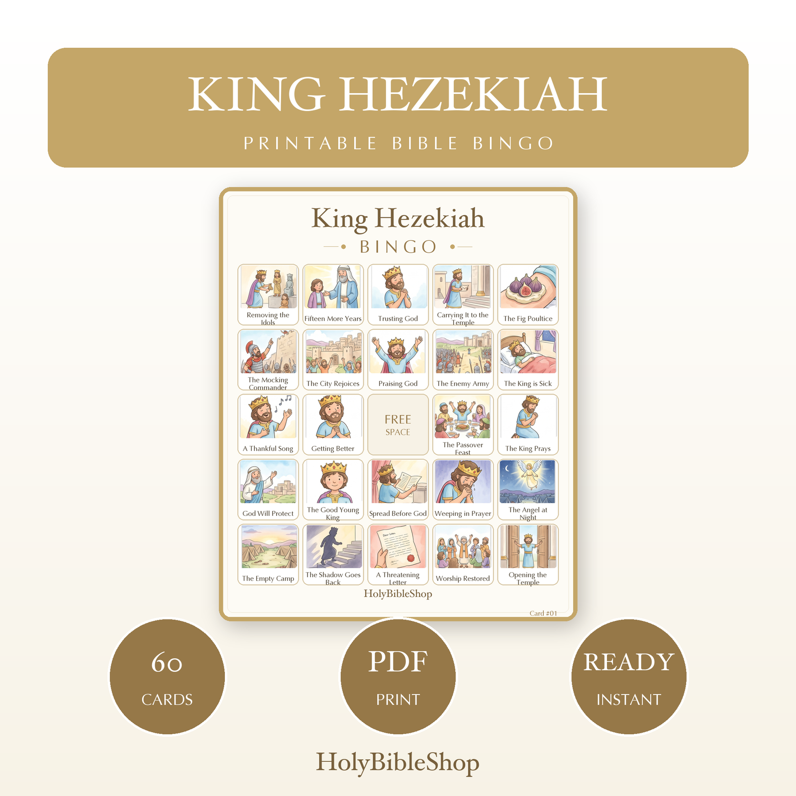 King Hezekiah Bingo | Printable Bible Bingo Game for Kids | 60 Cards Sunday School VBS Christian Watercolor PDF