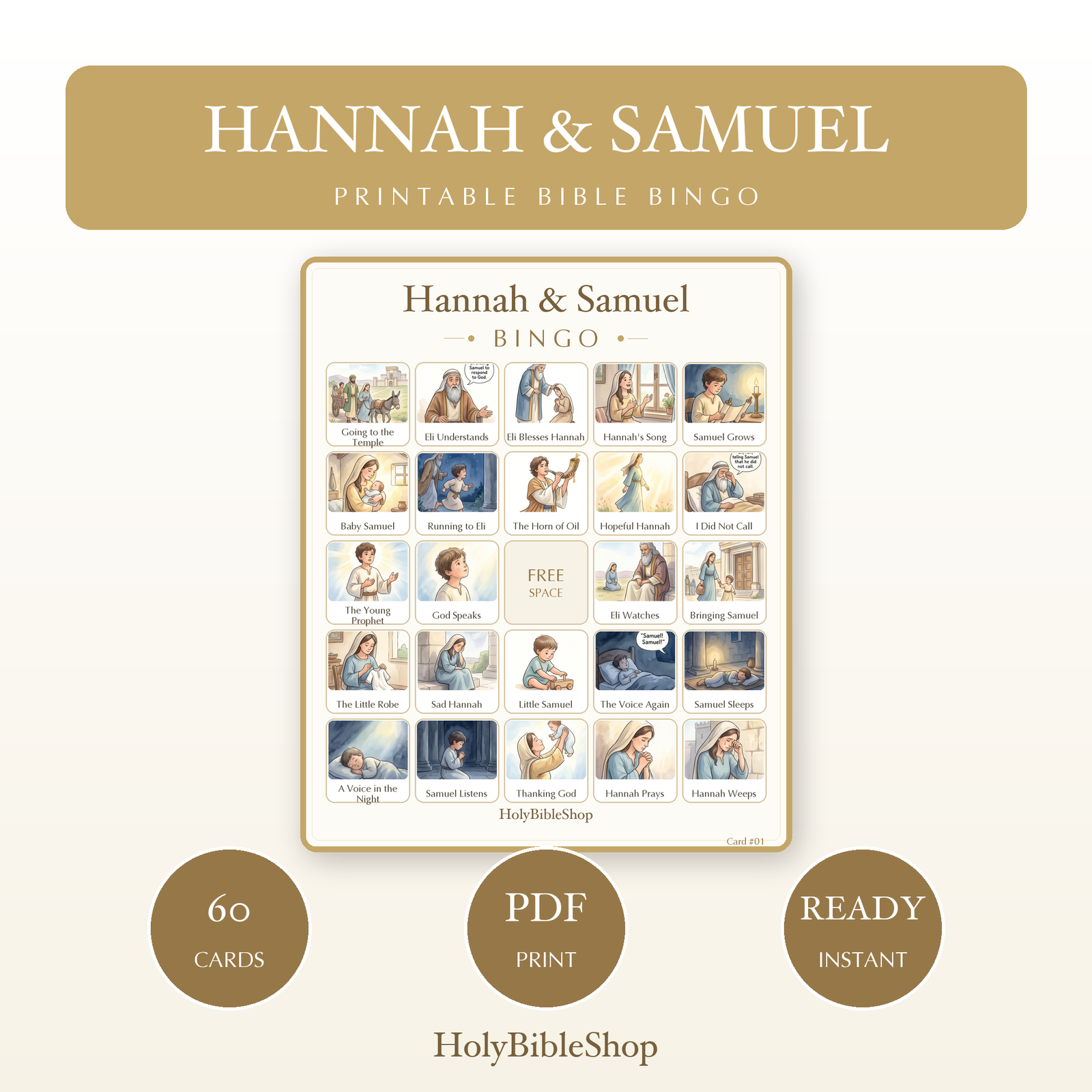 Hannah & Samuel Bingo | Printable Bible Bingo Game for Kids | 60 Cards Sunday School VBS Christian Watercolor PDF