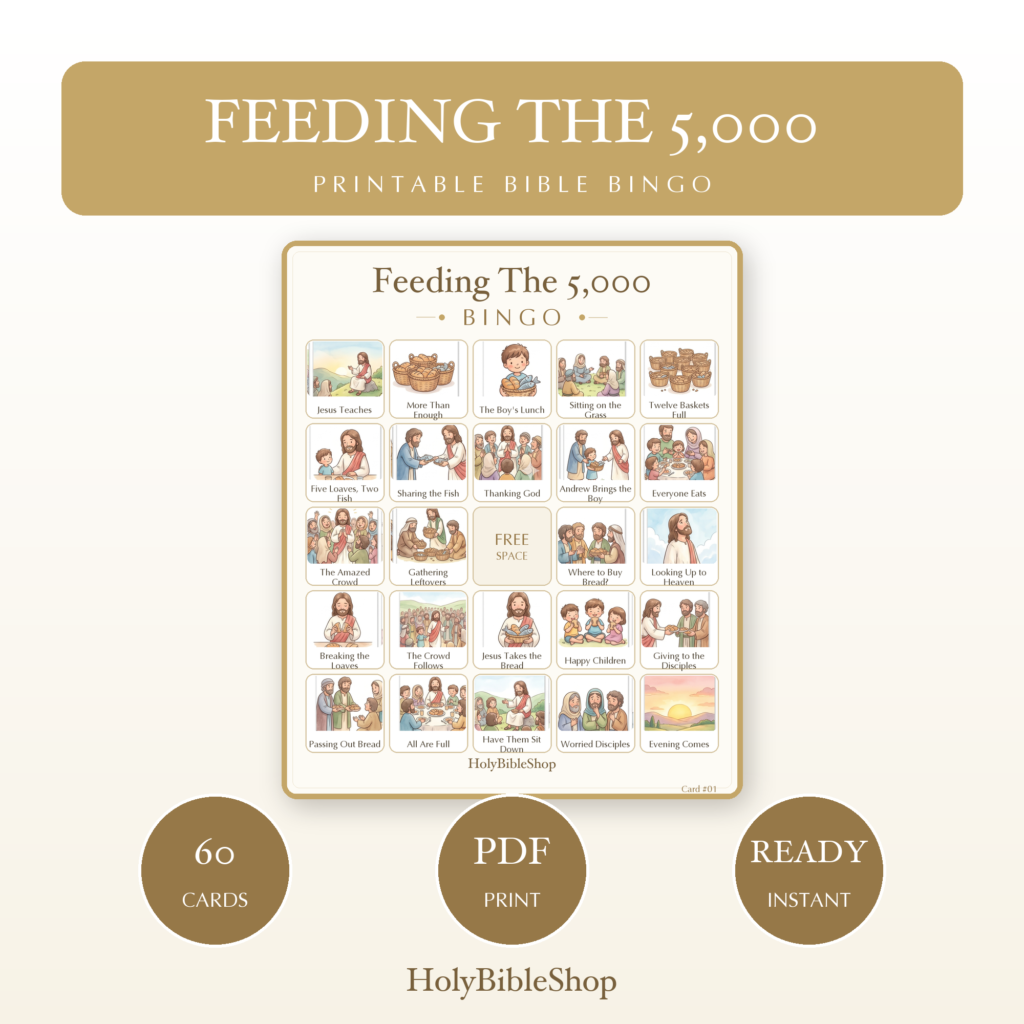 Feeding The 5,000 Bingo | Printable Bible Bingo Game for Kids | 60 Cards Sunday School VBS Christian Watercolor PDF
