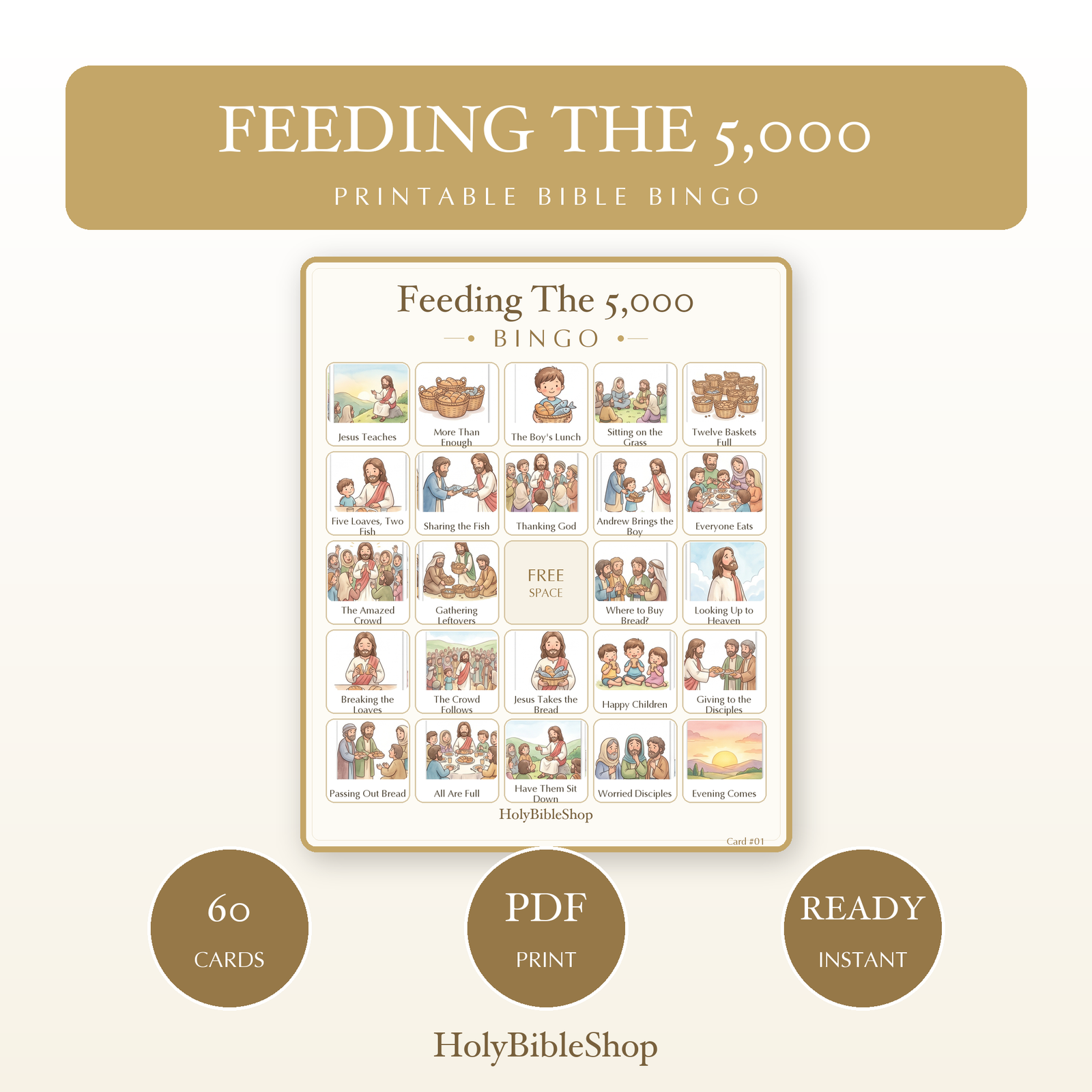 Feeding The 5,000 Bingo | Printable Bible Bingo Game for Kids | 60 Cards Sunday School VBS Christian Watercolor PDF